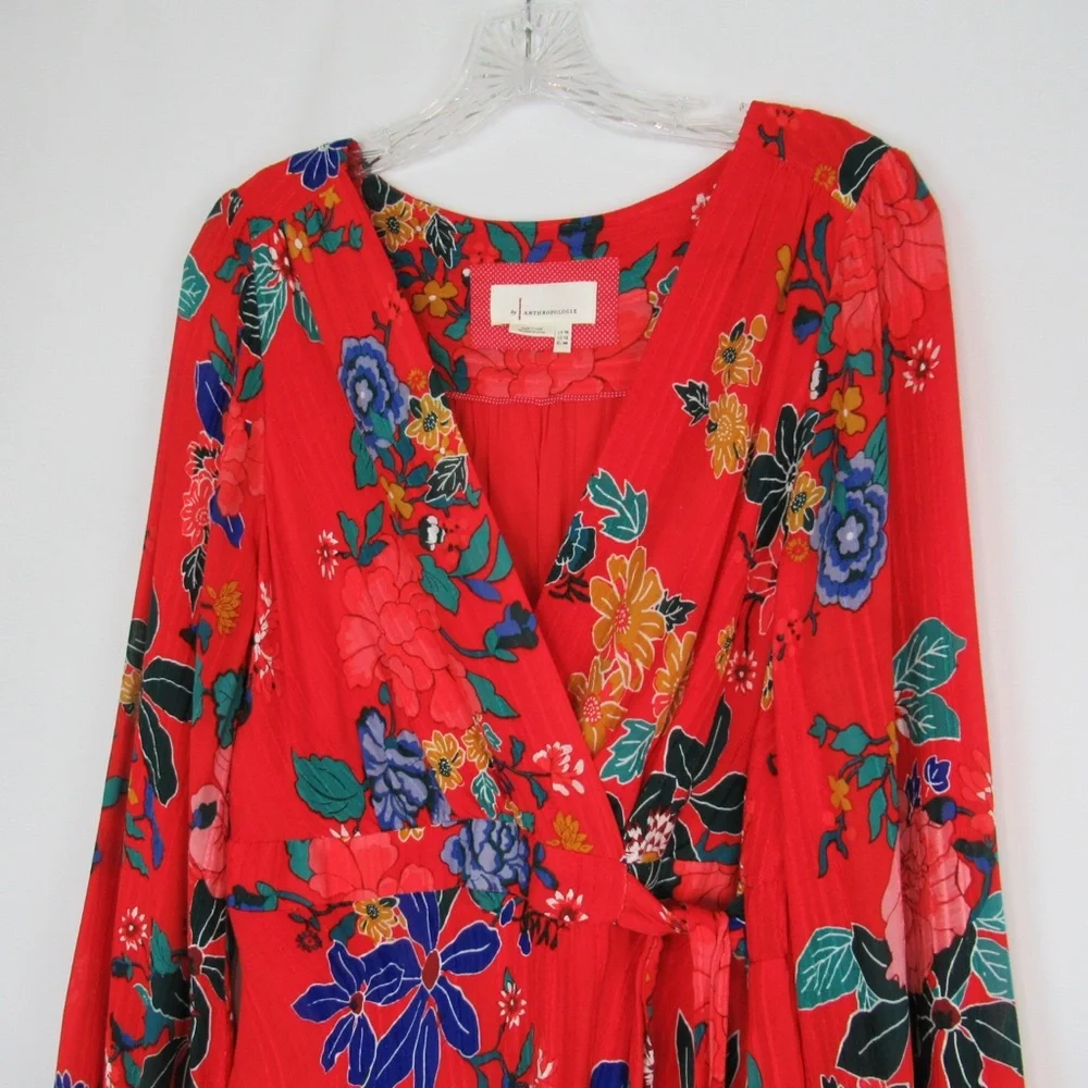 ANTHROPOLOGIE Boswell Red Floral Textured Wrap Tunic Dress Women's Size 12